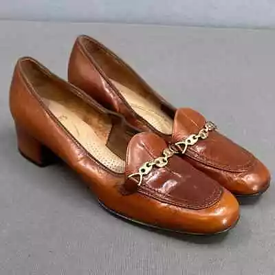 VTG Florsheim Shoes Women Size 8 Leather Horse Bit Block Heel Loafer Preppy Nerd • $34.99