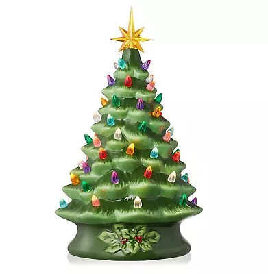 **15  Pre-Lit Green Ceramic Tabletop Christmas Tree Hand-Painted: LOOK!!!** • $38