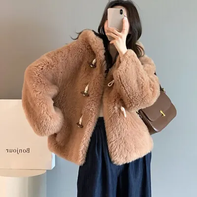 Hooded Lamb Wool Shearling Fur Coat Women's Casual Korean Jackets Warm Overcoats • $215.67
