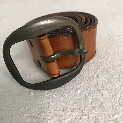 H&M 34 Leather Belt Brown Silver Hardware Full Grain Round Buckle Quality Casual • $5