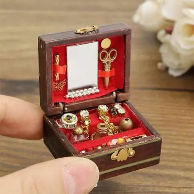 Vintage 1:12 Dollhouse Miniature Wooden Filled Jewelry Cosmetic Box Make Up Case • £5.32