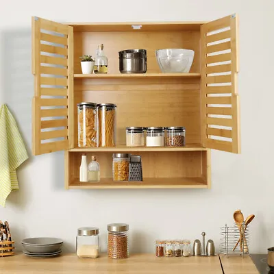 Bamboo Bathroom Wall Cabinet Storage 2 Door Cupboard 3 Shelves Vanity Unit • £52.91