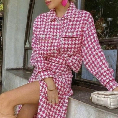 $51 • Buy Zara Houndstooth Crop Blazer Shacket Embellished Buttons Raspberry Pink Size S