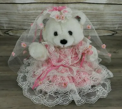 £32.74 • Buy Cuddle Wit 14  Stuffed Plush Bear Crochet Lace Bride Wedding Dress Pink White