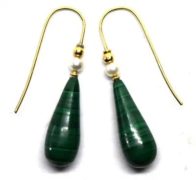 14K Yellow Gold Natural Malachite And Pearl Earrings • $199