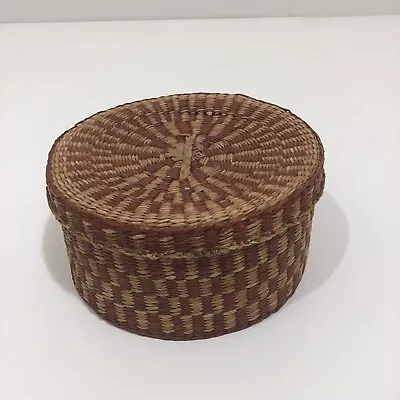 Vintage Hand Woven Grass Basket With Lid  Natural & Red * Flaw • $7.95