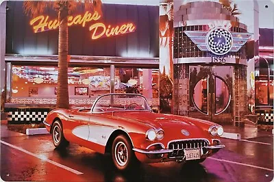 £5.85 • Buy Hubcaps Diner Red Chevy Corvette Metal Plaque Vintage Retro American Tin Sign