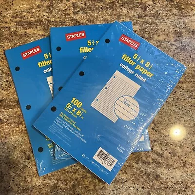 Lot Of 3 New Staples College Ruled Filler Paper 5 1/2  X 8 1/2  100/Pack 3 Hole • $7.90