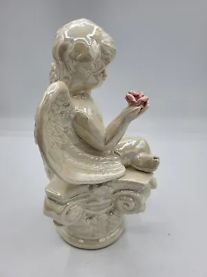 Vintage Beautiful Ceramic Angel On Pedestal Holding Flower • $27.30