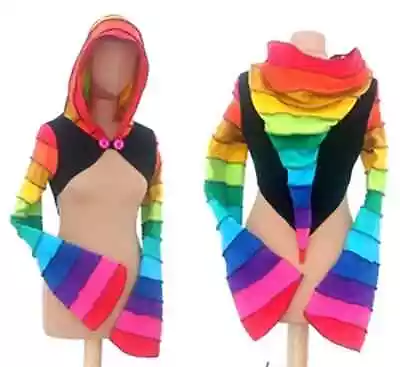 Rainbow Stripe Fleece Shrug Flared Sleeves Pointy Hood Size M • £45