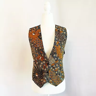 Vintage Royal Mohan Black Orange Gold Embellished Peal Beaded Satin Vest Small • $28