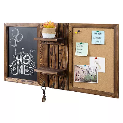 Wall Mounted Brown Wood Entryway Bulletin Board W/ Chalkboard & Metal Key Hooks • $56.99