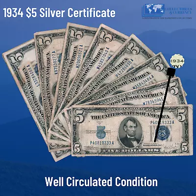 ✔ One 1934 Blue Seal $5 Dollar Silver Certificate Well Circulated Condition • $12.95