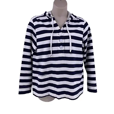 Merona Womens Hoodie Sz XL Navy White Stripe Cover Up Pullover Pouch Pockets LS • $10.94