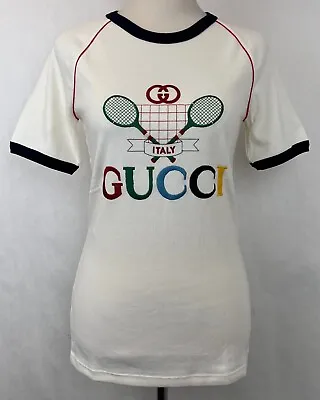 $561.04 • Buy Gucci Women Cream Cotton Embroidered Tennis Logo On Front T-Shirt XL 574386 9381