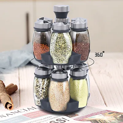 Revolving Spice Rack W/12 Spice Jar Glass Bottles Rotating For Herb And Spices • £18