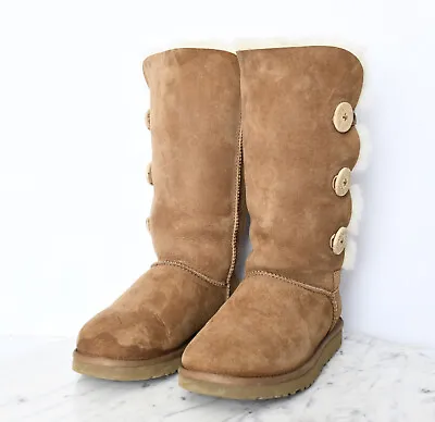 UGG Bailey Button Triplet Chestnut Suede Sheepskin Tall Warm Boots  Womens Sz 8 • $149.95