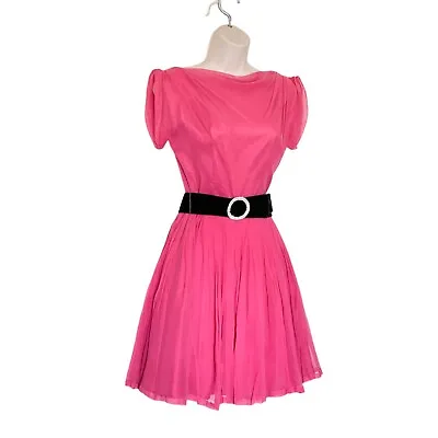 Vintage 60s Mini Pink Chiffon Accordion Fit And Flare Dress Small • $39.99