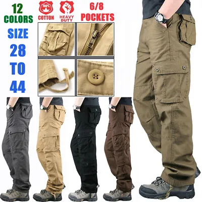 Men's Cargo Trousers 100% Cotton Work Pants Tactical Combat Outdoor Hiking Pant • £26.39