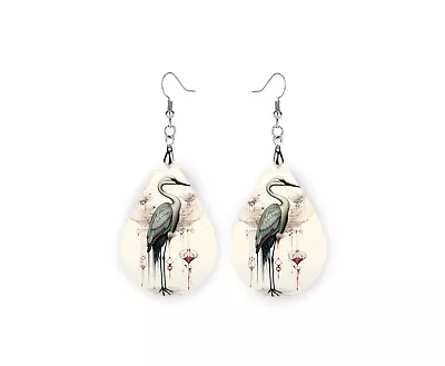 Crane Bird Print Wood Dangle Teardrop Print Earrings Jewelry • $14.98