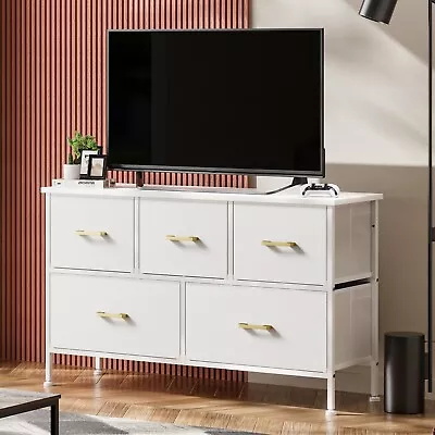 Dresser For Bedroom With 5 Drawers TV Stand Leather Finish Wood Top White • $69.99
