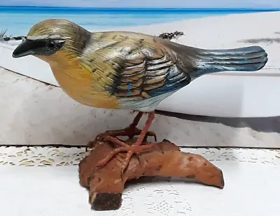 Vintage Hand Painted Wood Carved Bird Figurine On Driftwood • $45