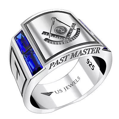 Men's 925 Sterling Silver Synthetic Sapphire Past Master Freemason Masonic Ring • $179.99