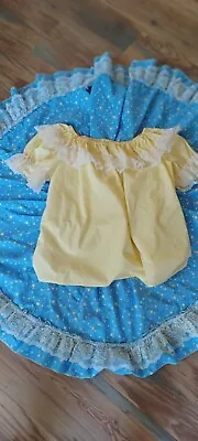 Square Dance Outfit Skirt Blouse 2pc Dress Yellow/blue  Lace Sleeve Handmade  • $23.99