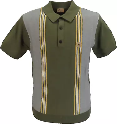 Gabicci Vintage Mens Spruce Green Stripe Knitted Polo Shirt • £64.99