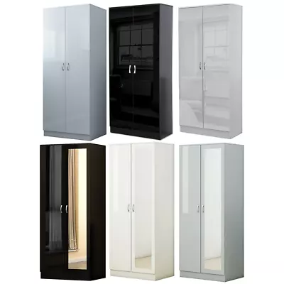 2 Door Wardrobe Mirror High Gloss Double Doors Large Storage 3 Finishes • £149.99