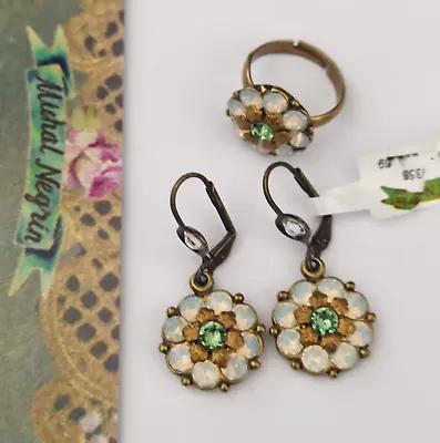 Michal Negrin Set Earrings Ring Milky White Green Flower With Swarovski Crystal • $76