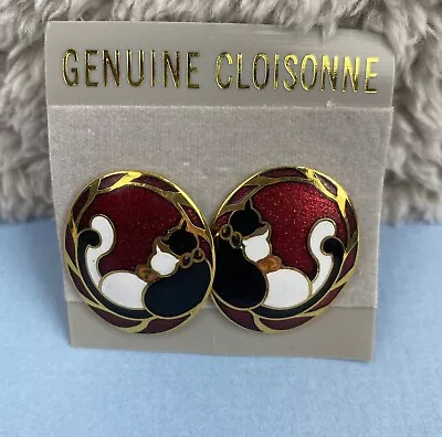 Vintage Cloisonne Cat Earrings Red Black White 1  Oval Post Jewelry Cat Lady • $12.99