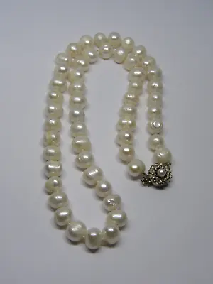 Vintage White Baroque Pearl Necklace Hand Knotted Silvertone Clasp • $39