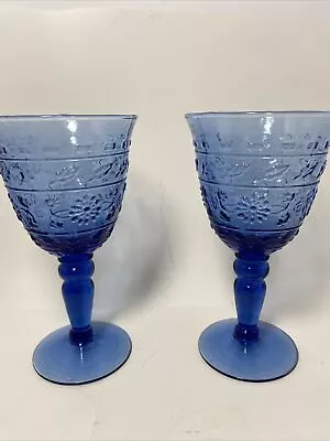 2 Vintage Cobalt Blue Water Goblet Glasses Mikasa Tender Leaves Depression Glass • $25.25