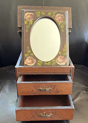 Vintage Leather And Wood Jewelry Box Chest Cabinet W/ Vanity Mirror & Drawers • $18.20