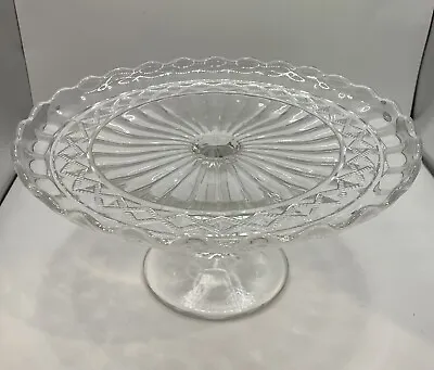 $8 • Buy Vintage Clear Pressed Glass 9.5  Cake Plate Footed Pedestal Scalloped Edge