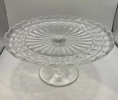 $8 • Buy Vintage Clear Pressed Glass 9.5  Cake Plate Footed Pedestal Scalloped Edge