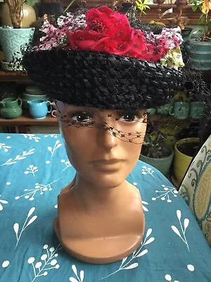 Vintage Women's Black Flowers Net Hat Designer Francois Paris New York • $39.99