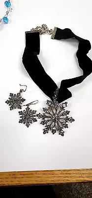 Suspicion Sterling Silver Marcasite Snowflake Velvet Pendant Necklace & Earring • $28