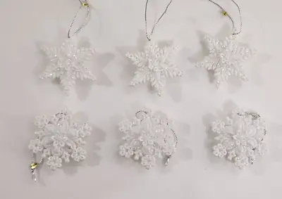 Vintage Glittery White Snowflakes Holiday Ornaments Lot Of 6 • $11.69