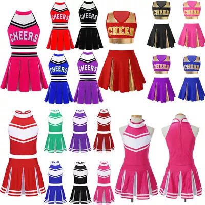 UK Girls Cheerleading Uniform Crop Top+Skirt Set Halloween Fancy Dress Costumes • £7.45