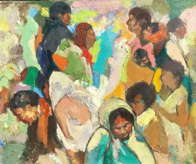  Mexicans & Indian Market -New Mexico 25 X 30  Oil Painting- 1960s-Armando Sozio • $1100