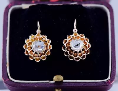 Antique Victorian Earrings Set 1ct Old Rose Cut Diamonds 14k Gold C1860's • $2805.43