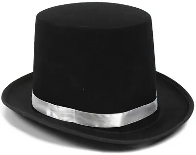 BLACK SATIN TOP HAT W Silver Ribbon Band Costume Mad Hatter Party Magician • £10.23