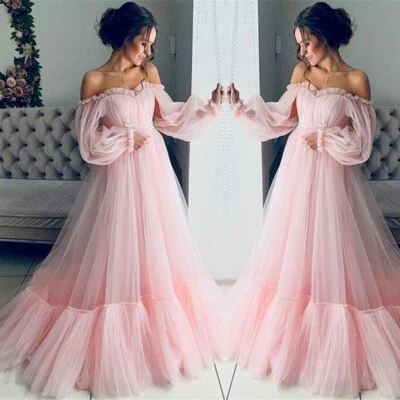 $36.79 • Buy Women's Bell Sleeve Long Mesh Maxi Dress Off Shoulder Wedding Evening Ball Gown