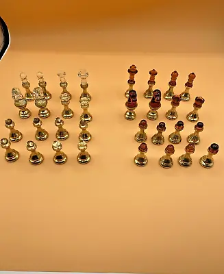 Vintage Brass Metal Base Glass Top Clear And Amber Chess Set 32 Pcs Felt Bottom • $85
