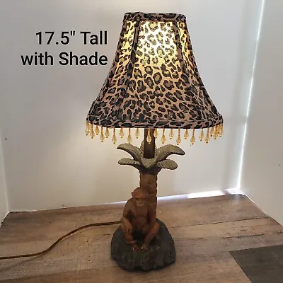 Vintage Monkey Palm Tree Lamp Leopard Print  Beaded Fringe Shade • $99