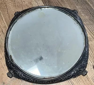 Antique Beveled Mirror Silver Plated Repousse Vanity Plateau • $129