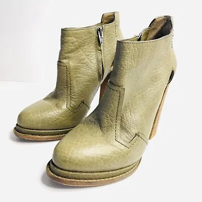 $199 • Buy Alexander Wang Sz 38 7 Livia Olive Leather Block Heel Ankle Boot Luxe Designer