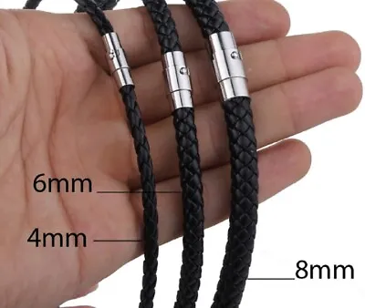 4mm-8mm Mens Braided Cord Black Leather Stainless Steel Bracelet 8 -10inch J34  • £4.95